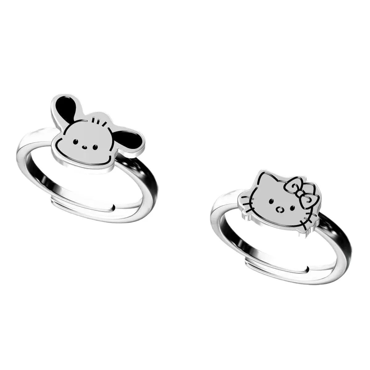 Kawaii Kitty and Pocha Adjustable Silver Rings - Bouquet Blossoms Shop