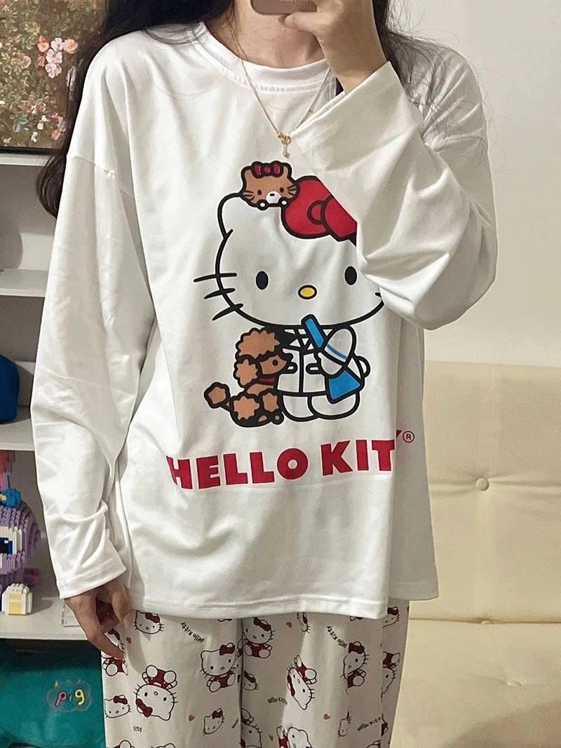 Kawaii Kitty Multiprint Two Piece Pyjama Pjs Set - Bouquet Blossoms Shop