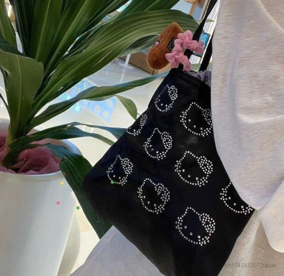 Kitty Kawaii Black Rhinestone ToteBag - Bouquet Blossoms Shop