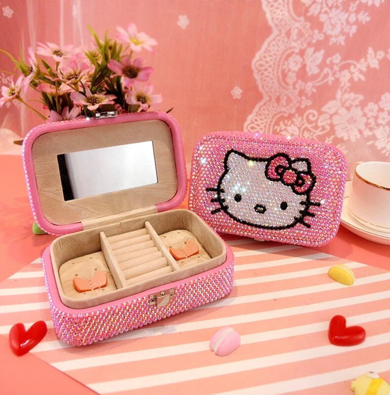 Kitty Kawaii Y2K Pink Rhinestone Diamanté Jewellery Box - Bouquet Blossoms Shop