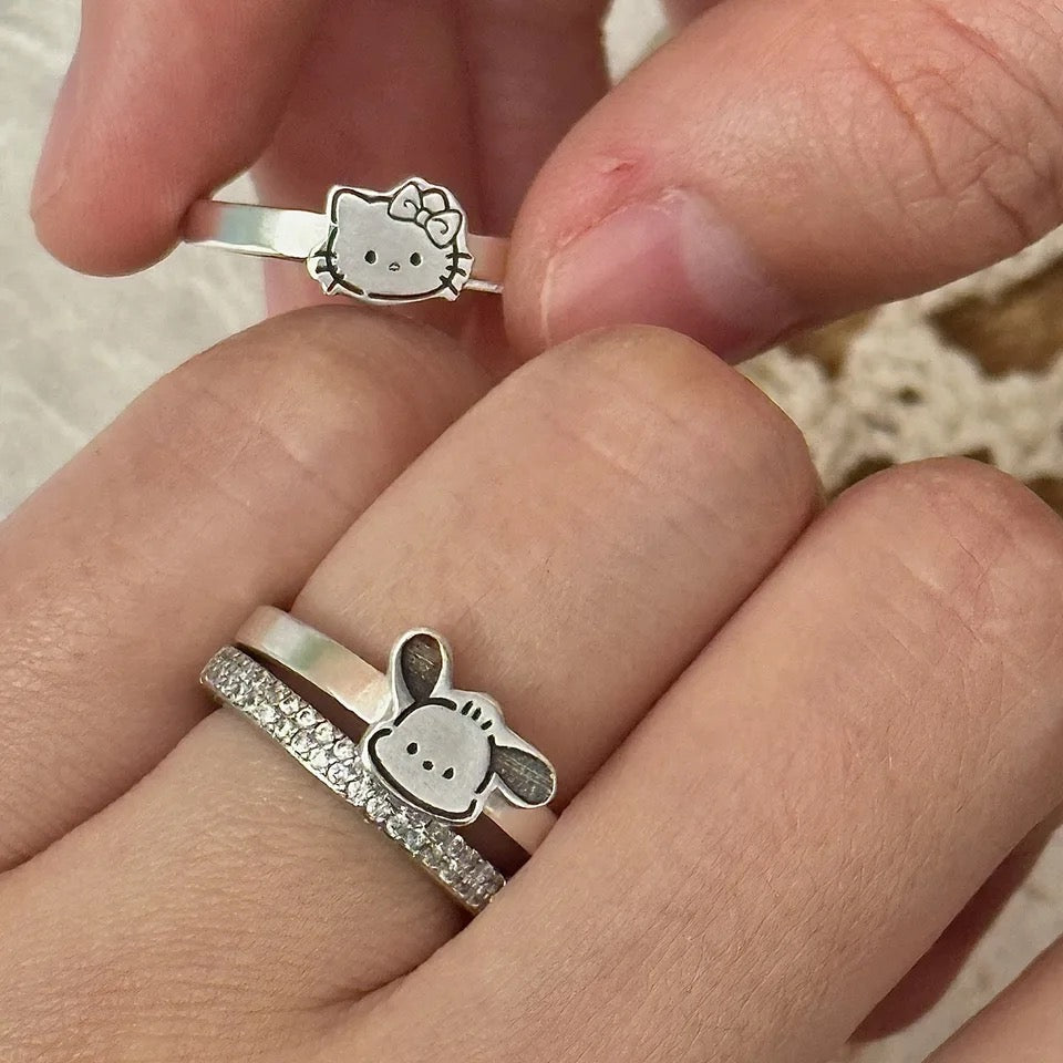 Kawaii Kitty and Pocha Adjustable Silver Rings - Bouquet Blossoms Shop