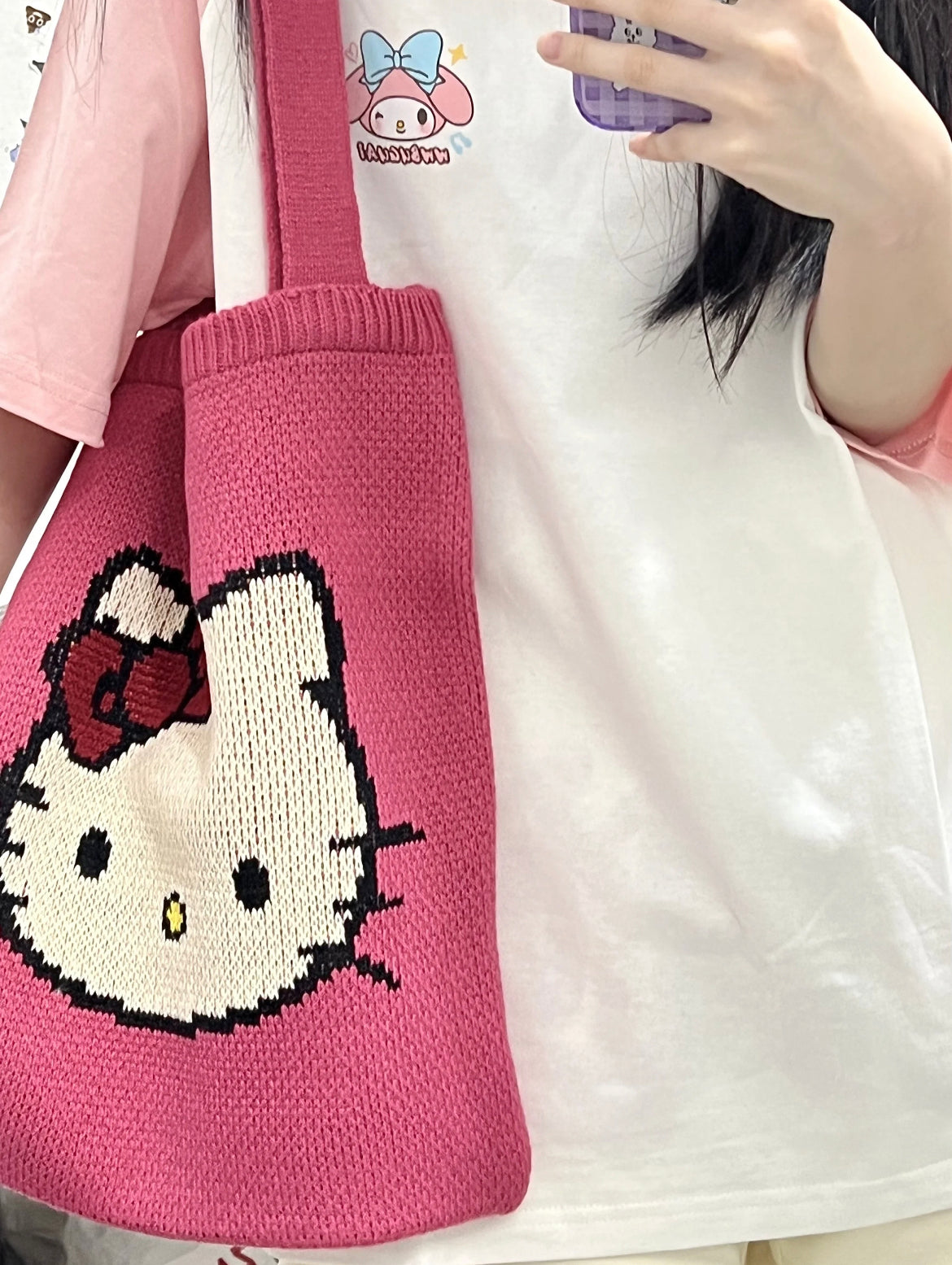 Kitty Kawaii Pink Crochet Tote Bag - Bouquet Blossoms Shop