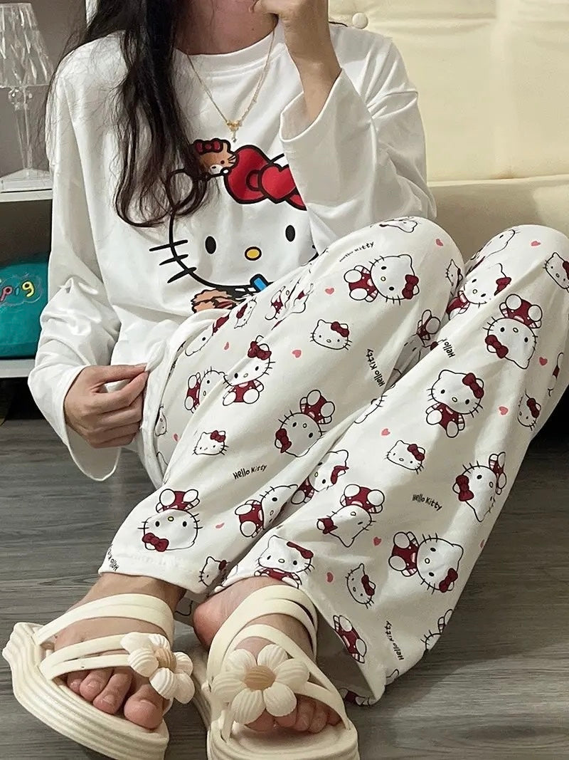 Kawaii Kitty Multiprint Two Piece Pyjama Pjs Set - Bouquet Blossoms Shop