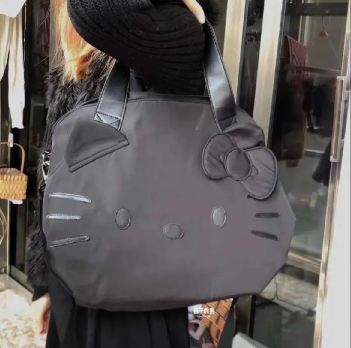 Kitty Kawaii Black Duffle Travel Gym Bag - Bouquet Blossoms Shop