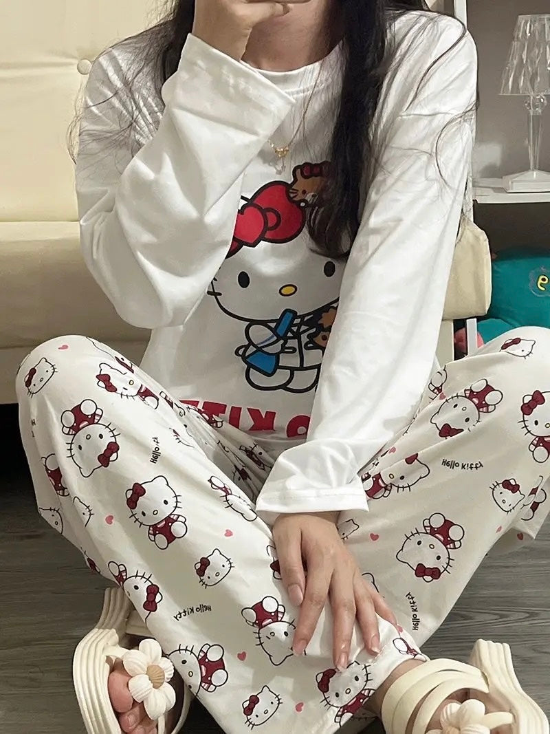 Kawaii Kitty Multiprint Two Piece Pyjama Pjs Set - Bouquet Blossoms Shop