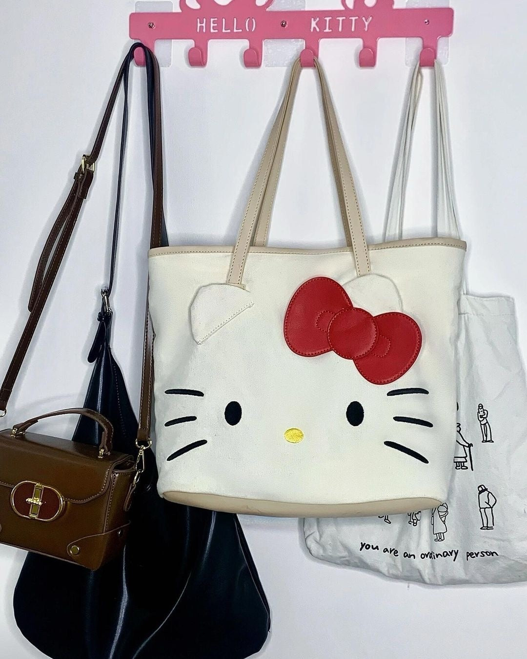 Kawaii Kitty Face Red Bow Tote Bag Style Hand Bag - Bouquet Blossoms Shop