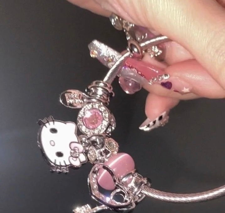 Kitty Kawaii Pink & Blue 925 Sterling Silver Charm Adjustable Bracelets - Bouquet Blossoms Shop