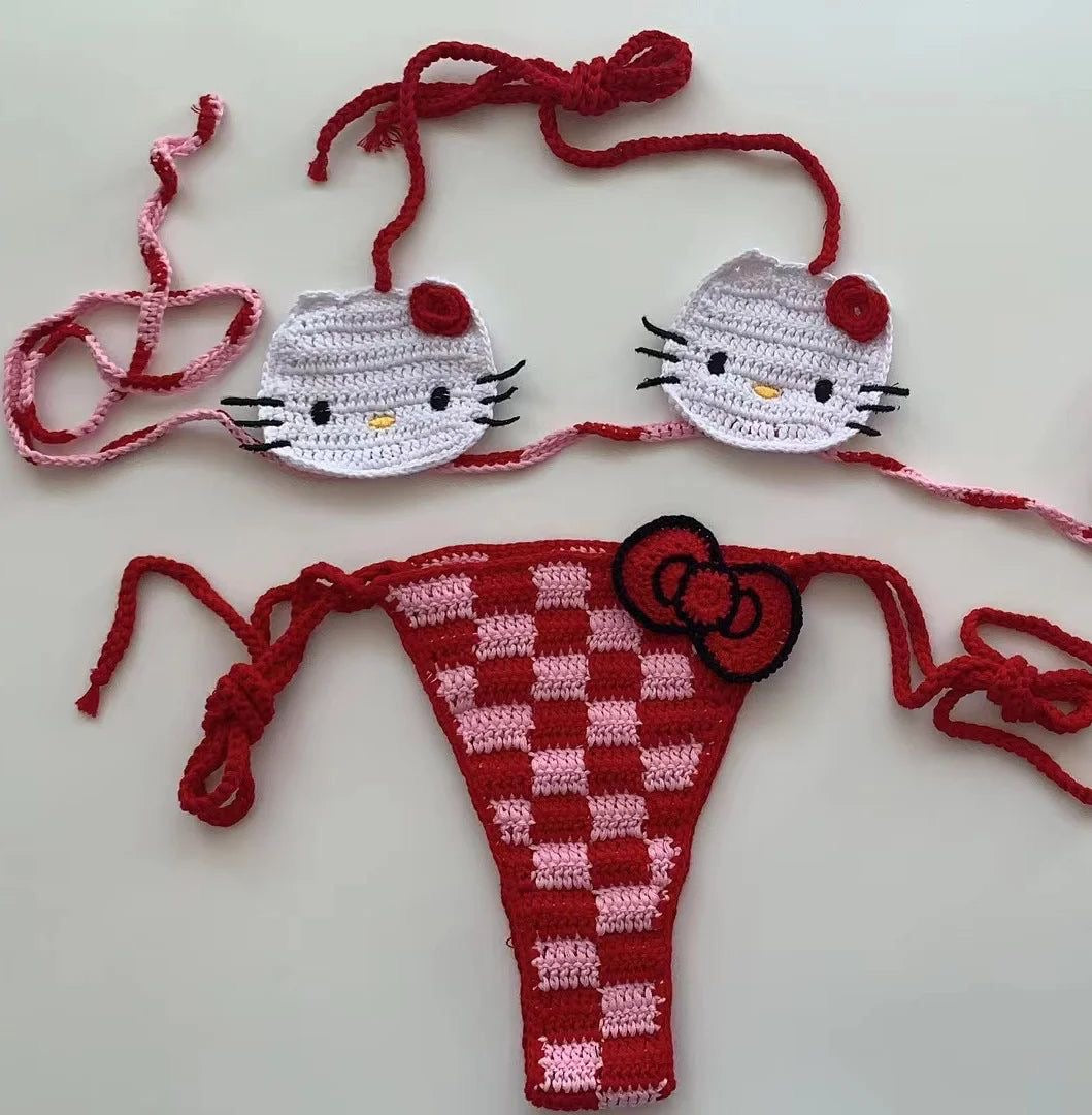 Kawaii Kitty Crochet Bikini Sets (Pink and Red) - Bouquet Blossoms Shop