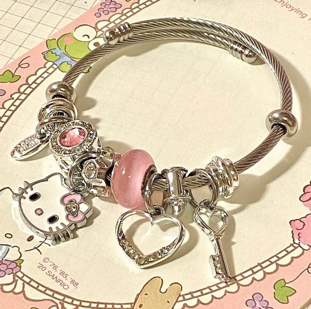 Kitty Kawaii Pink & Blue 925 Sterling Silver Charm Adjustable Bracelets - Bouquet Blossoms Shop