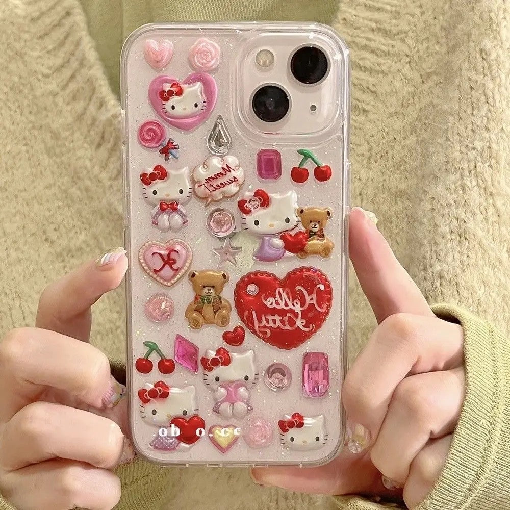 Kitty Kawaii Clear Teddy Multicharm Phone Cases - Bouquet Blossoms Shop