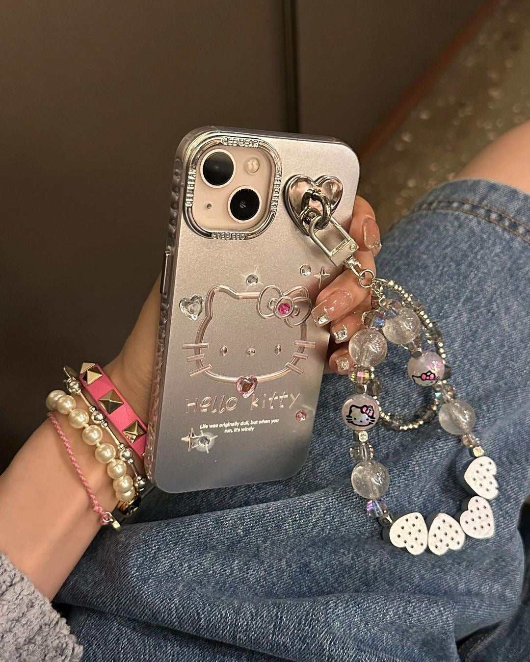 Kitty Kawaii Silver Metallic Phone Charm Case - Bouquet Blossoms Shop