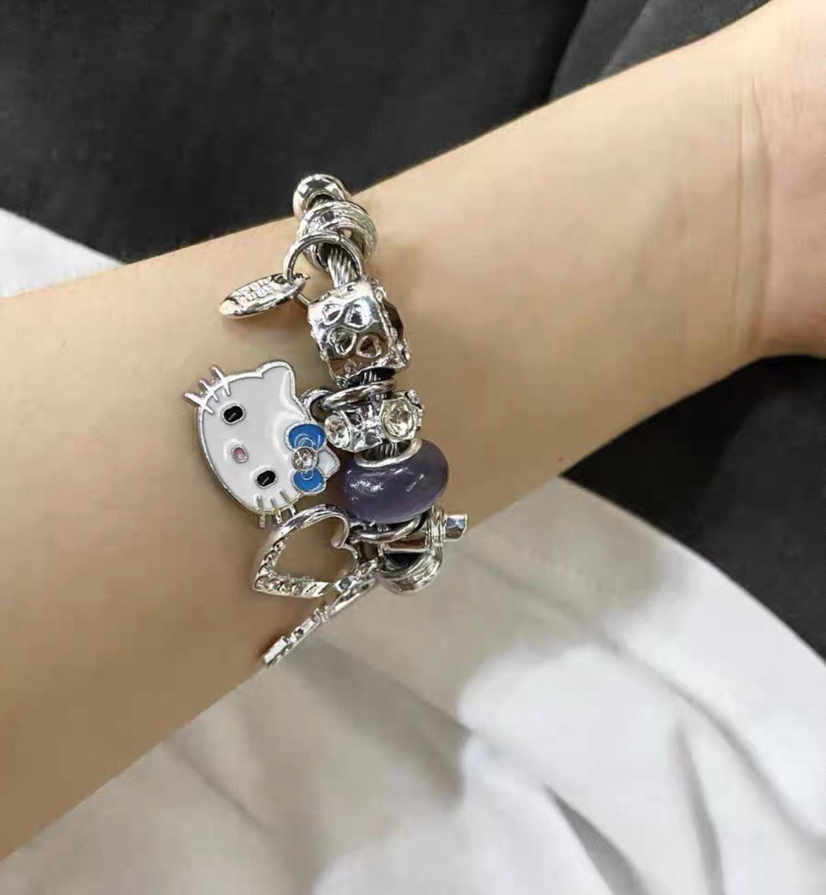 Kitty Kawaii Pink & Blue 925 Sterling Silver Charm Adjustable Bracelets - Bouquet Blossoms Shop