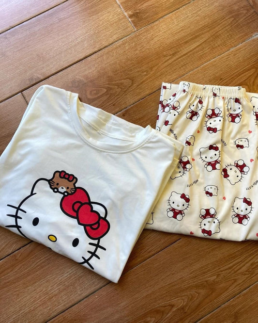 Kawaii Kitty Multiprint Two Piece Pyjama Pjs Set - Bouquet Blossoms Shop