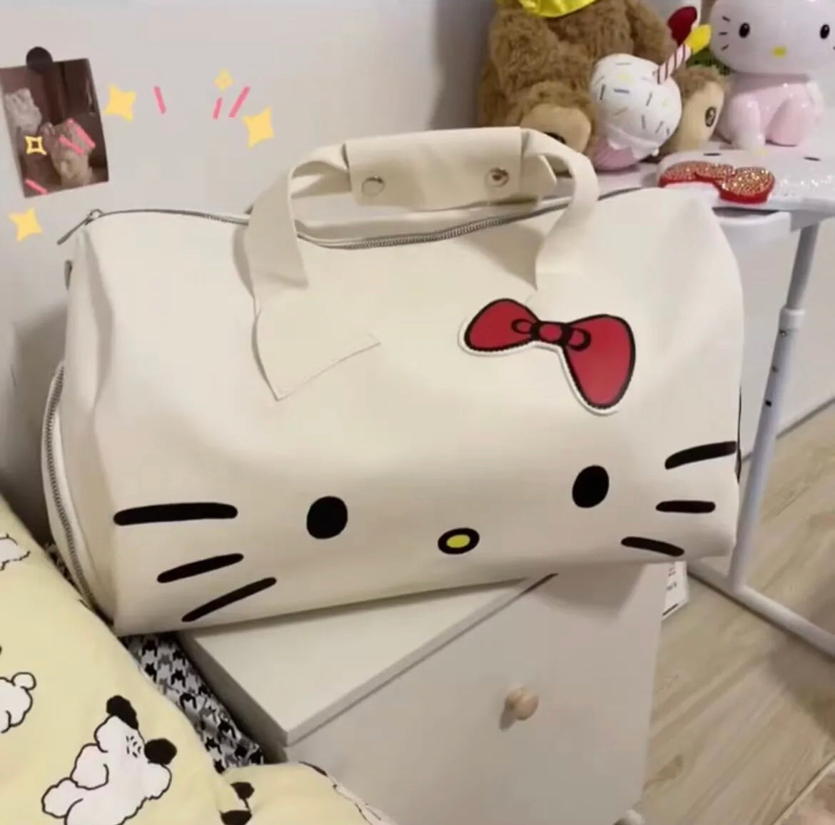 Kitty Kawaii White Duffle Travel Gym Bag - Bouquet Blossoms Shop