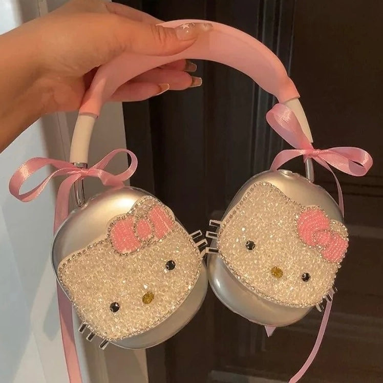 Sequin Kawaii Kitty Face Pink Bow Headphone Covers - Bouquet Blossoms Shop