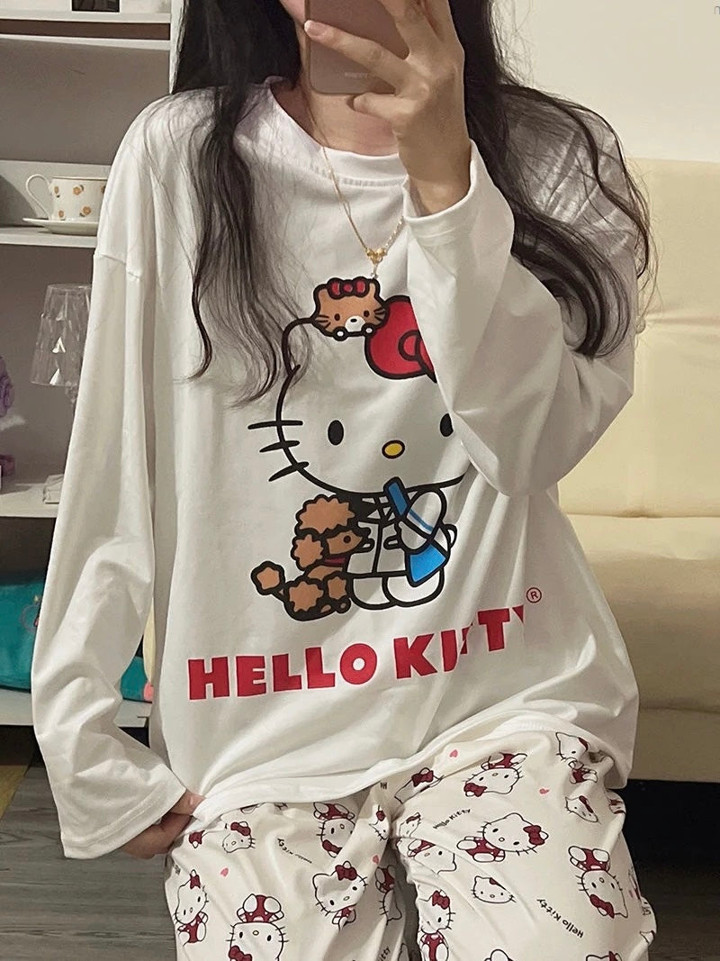 Kawaii Kitty Multiprint Two Piece Pyjama Pjs Set - Bouquet Blossoms Shop