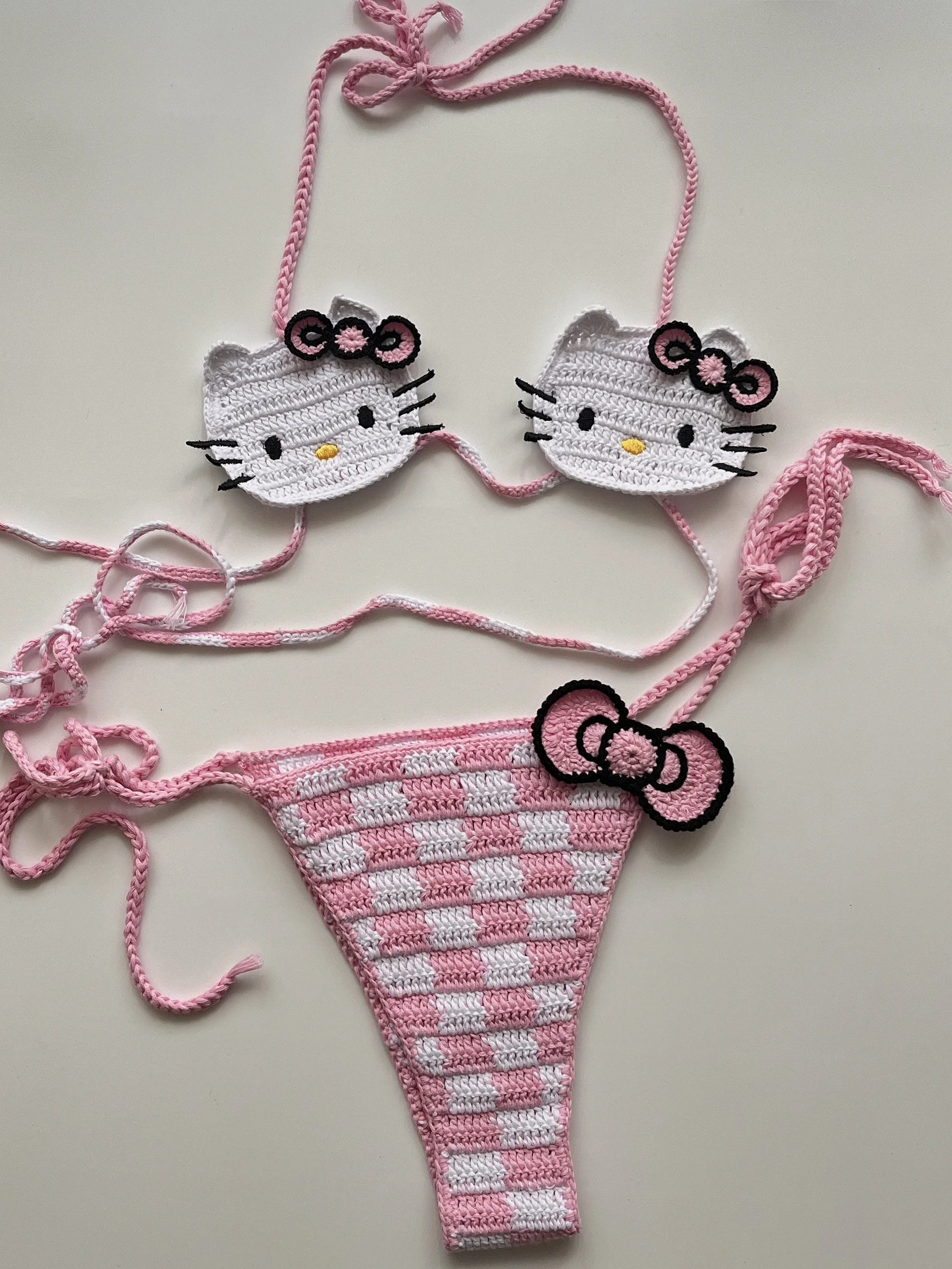 Kawaii Kitty Crochet Bikini Sets (Pink and Red) - Bouquet Blossoms Shop