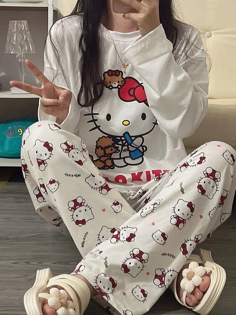 Kawaii Kitty Multiprint Two Piece Pyjama Pjs Set - Bouquet Blossoms Shop