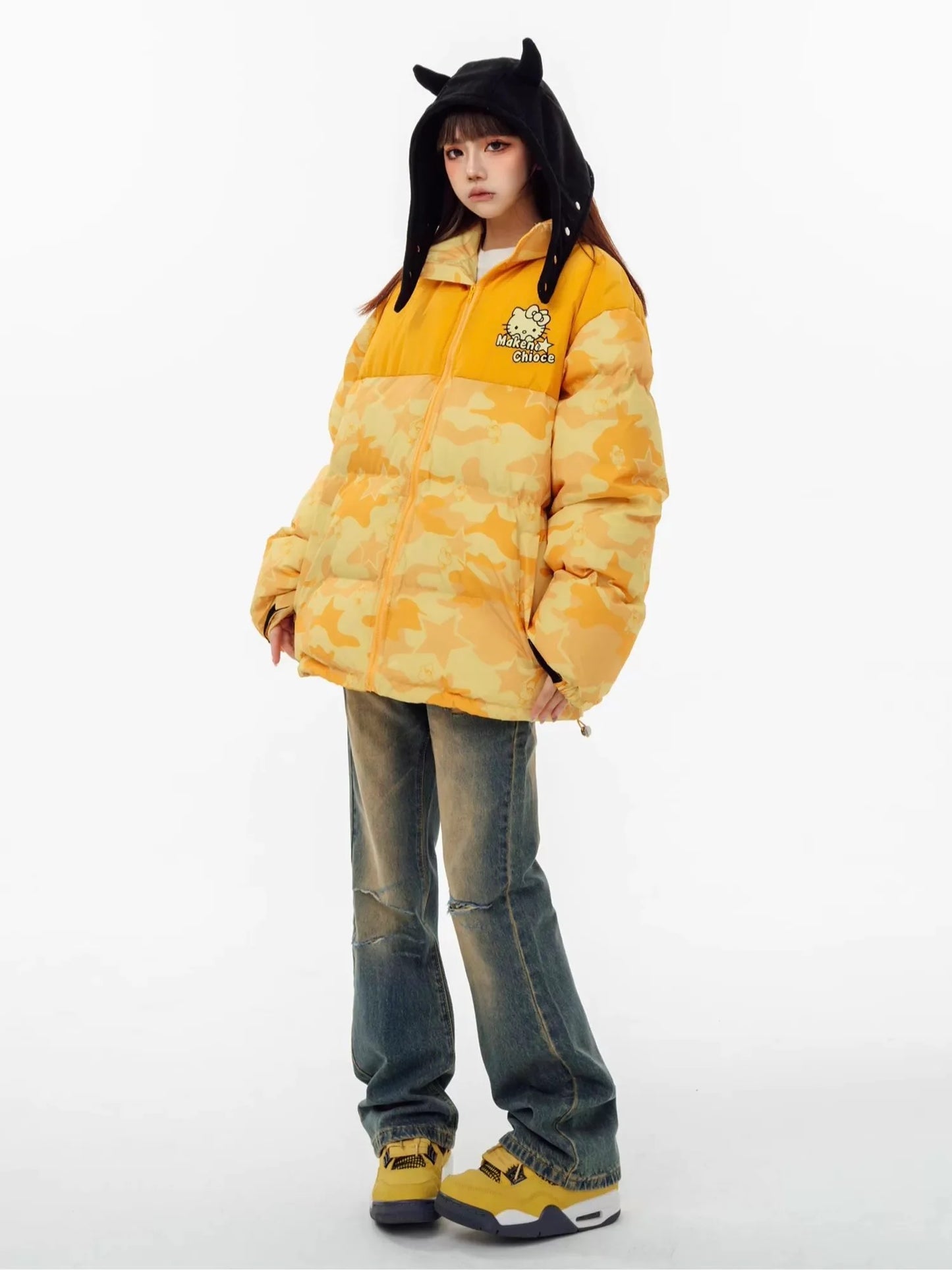 Kitty Kawaii Winter Puffer Camo Jacket Coat (Multiple Colours)