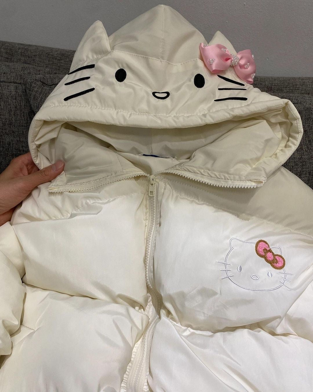 Kitty Kawaii White Graphic Design Winter Coat Jacket - Bouquet Blossoms Shop