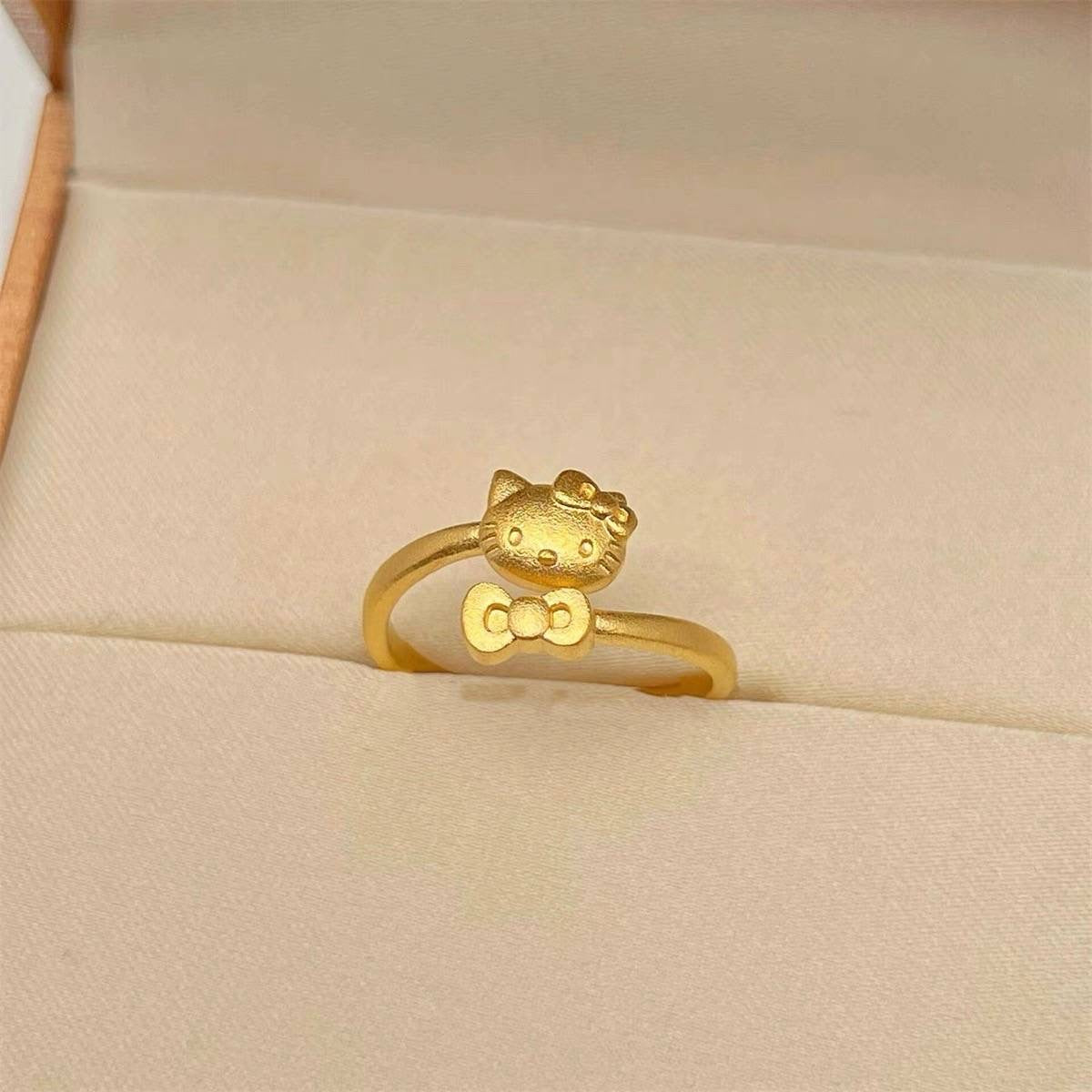 Kitty Kawaii Face Bow Design Adjustable 24K Gold Ring