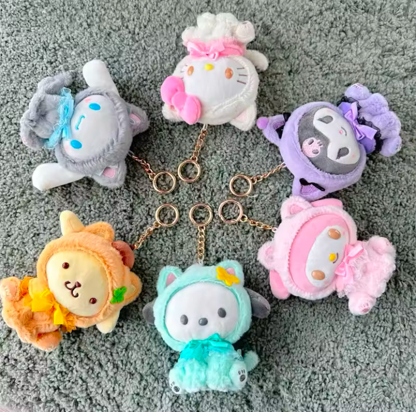 Kawaii Characters Cat Kitten Costume Style Plush Fluffy Fuzzy Keychain (5 Variants)