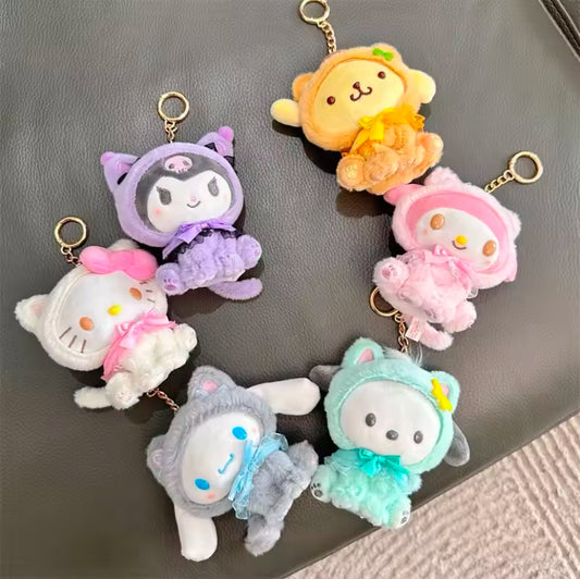 Kawaii Characters Cat Kitten Costume Style Plush Fluffy Fuzzy Keychain (5 Variants)