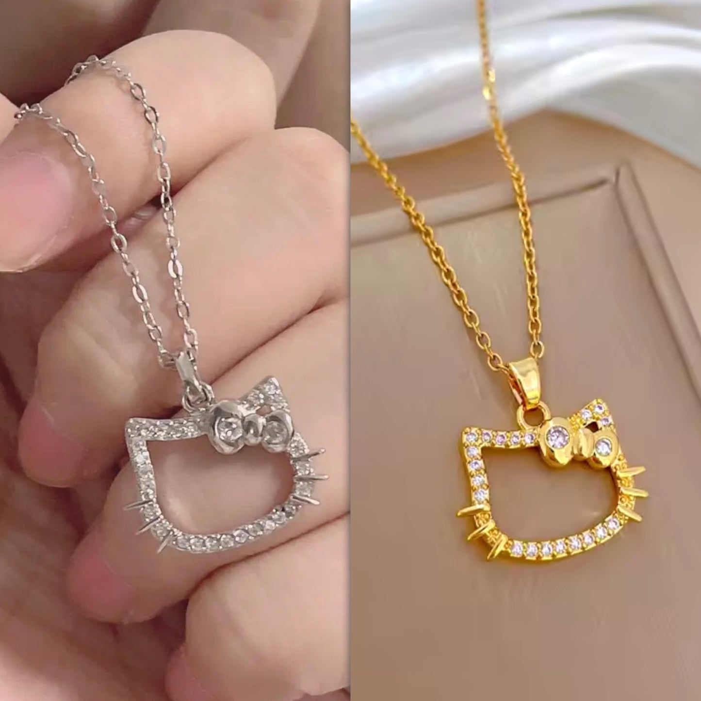 Kitty Kawaii Face Shape Diamanté Necklace (Silver & Gold)