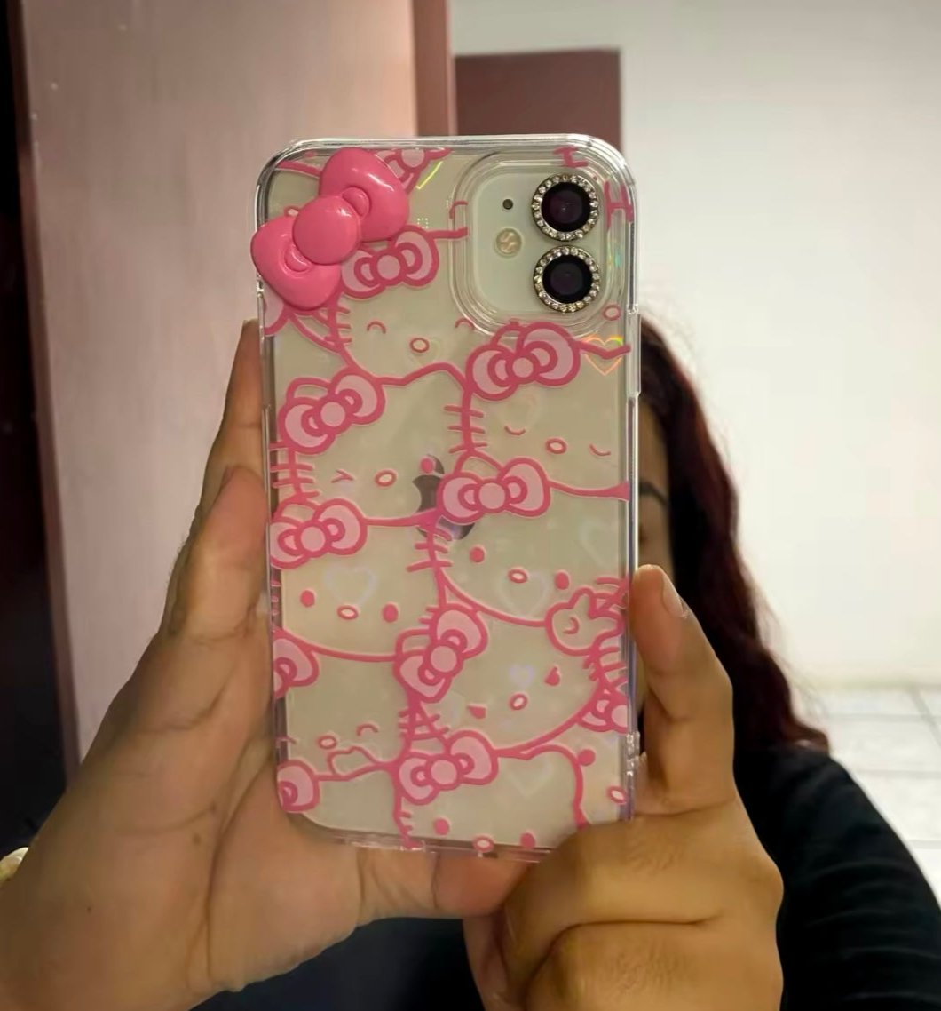 Kitty Kawaii Multi Faced Pink Outline Holographic iPhone Case