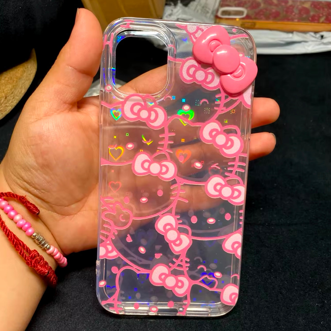 Kitty Kawaii Multi Faced Pink Outline Holographic iPhone Case