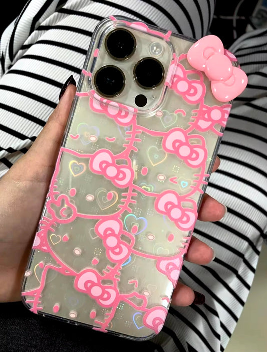 Kitty Kawaii Multi Faced Pink Outline Holographic iPhone Case