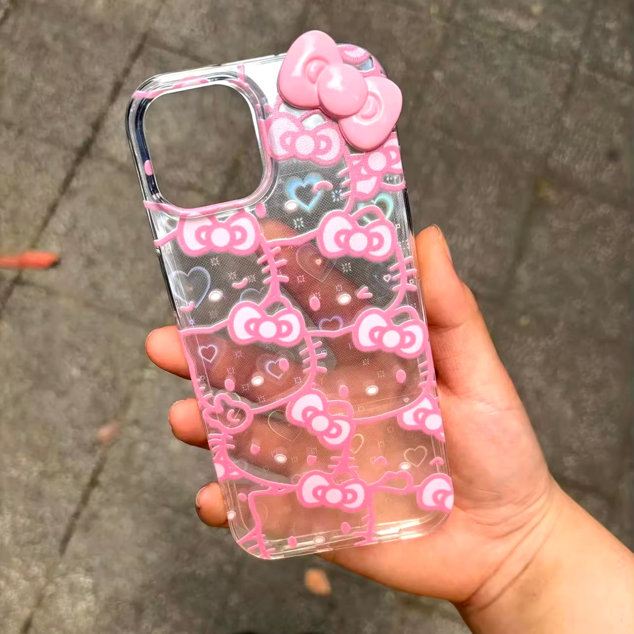 Kitty Kawaii Multi Faced Pink Outline Holographic iPhone Case