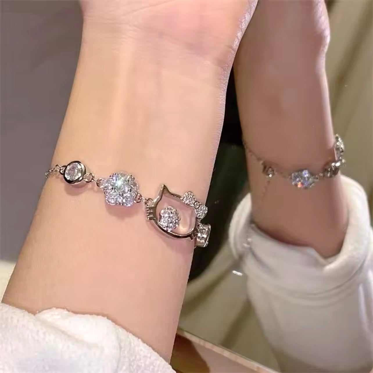 Kitty Kawaii Silver Adjustable Diamanté Gemstone Bracelet