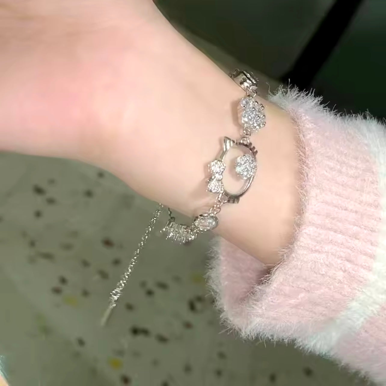 Kitty Kawaii Silver Adjustable Diamanté Gemstone Bracelet