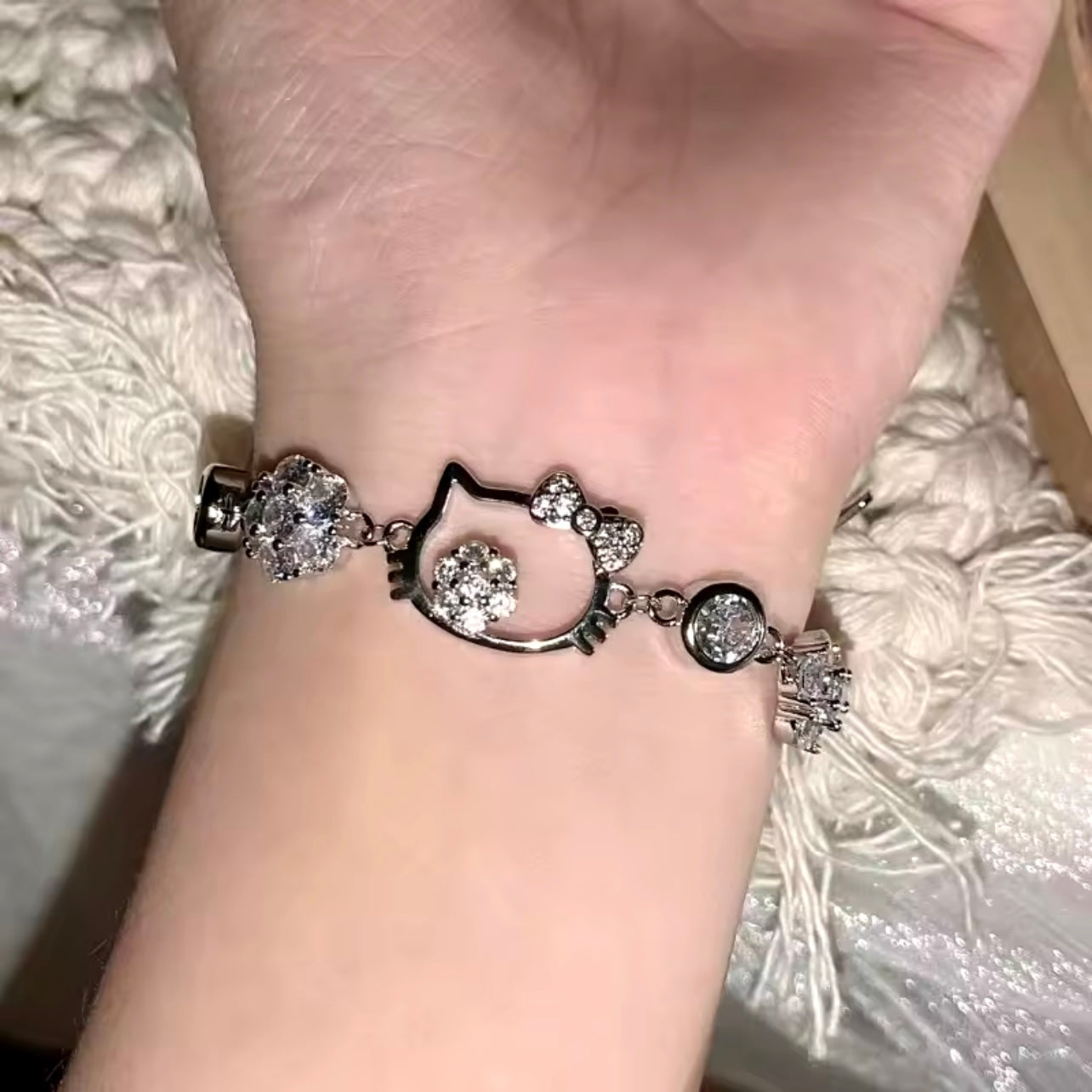 Kitty Kawaii Silver Adjustable Diamanté Gemstone Bracelet