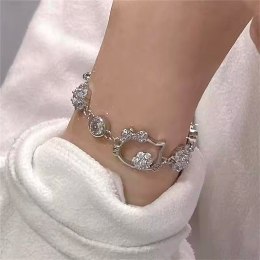 Kitty Kawaii Silver Adjustable Diamanté Gemstone Bracelet