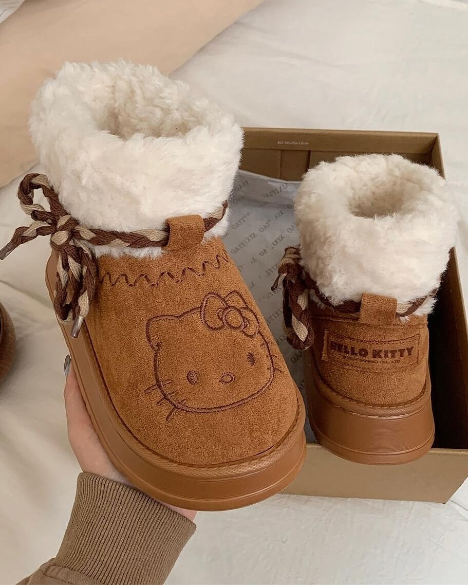 Kitty Kawaii Brown Fluffy Fur Winter Boots Shoes