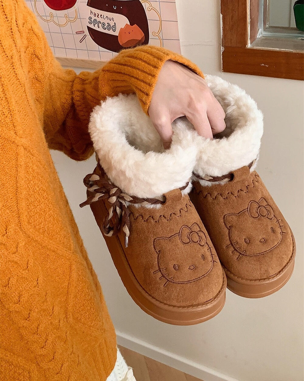 Kitty Kawaii Brown Fluffy Fur Winter Boots Shoes