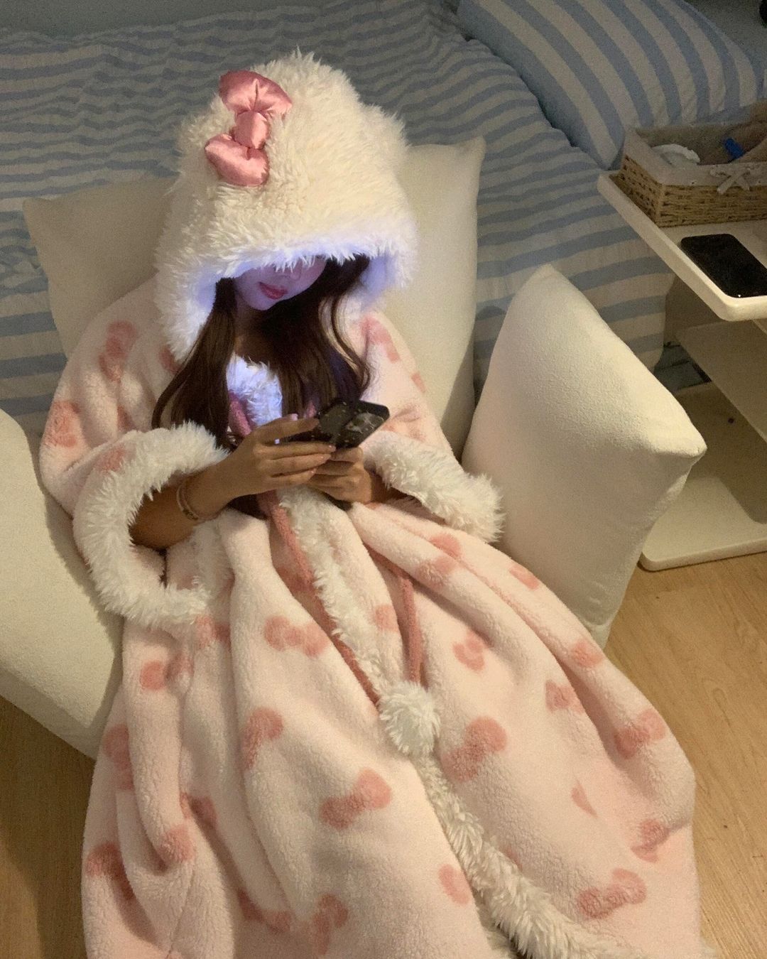 Kitty Kawaii Pink Hooded Robe Blanket