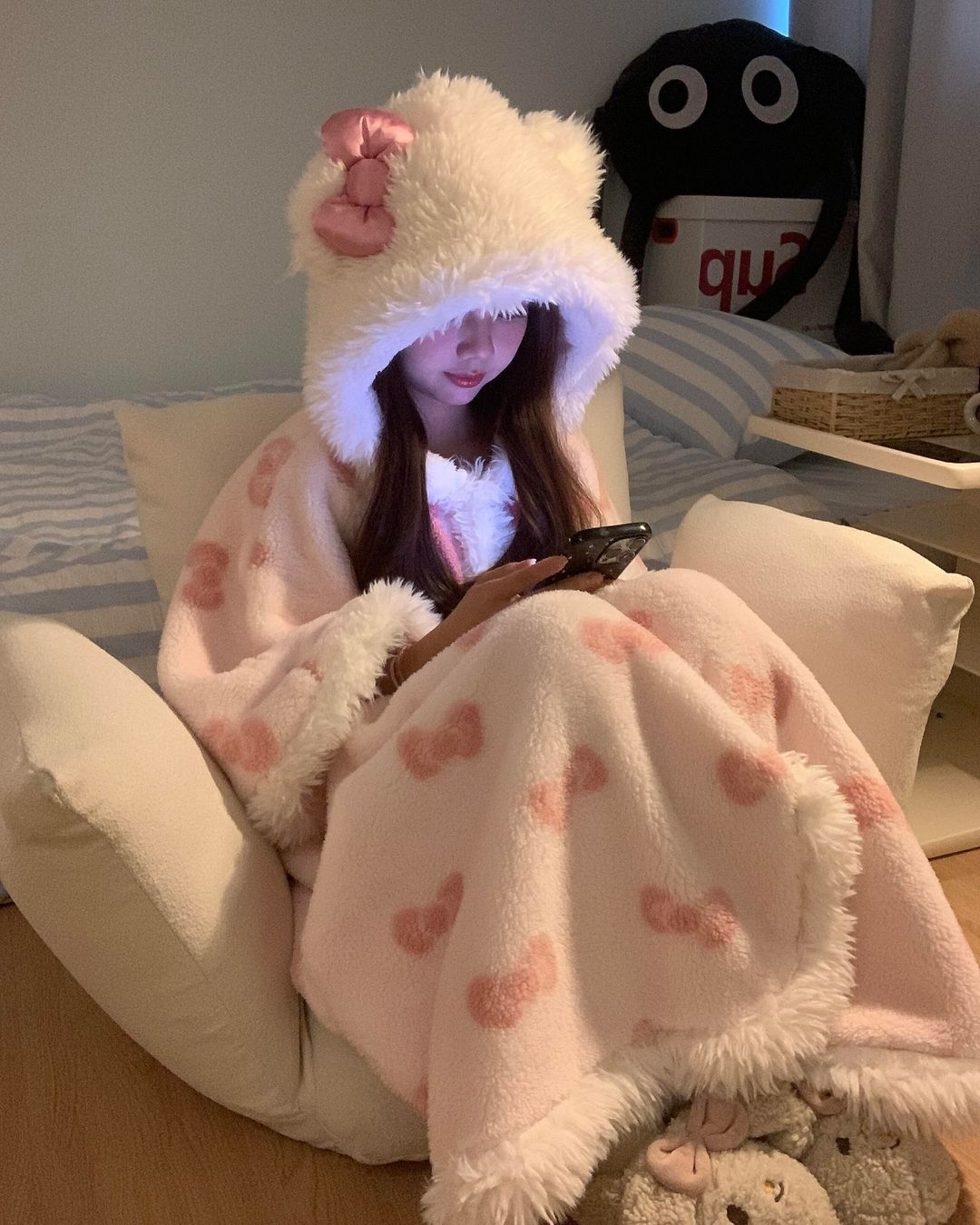 Kitty Kawaii Pink Hooded Robe Blanket