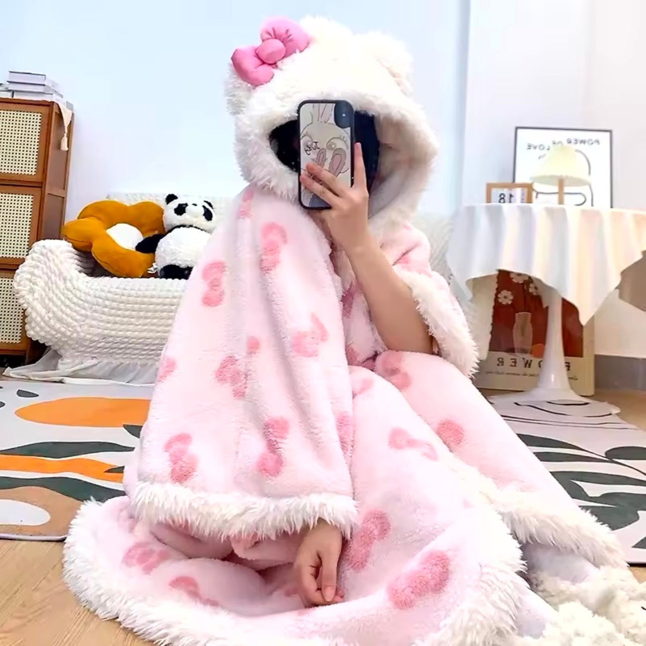 Kitty Kawaii Pink Hooded Robe Blanket