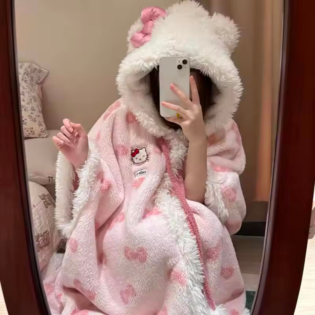 Kitty Kawaii Pink Hooded Robe Blanket