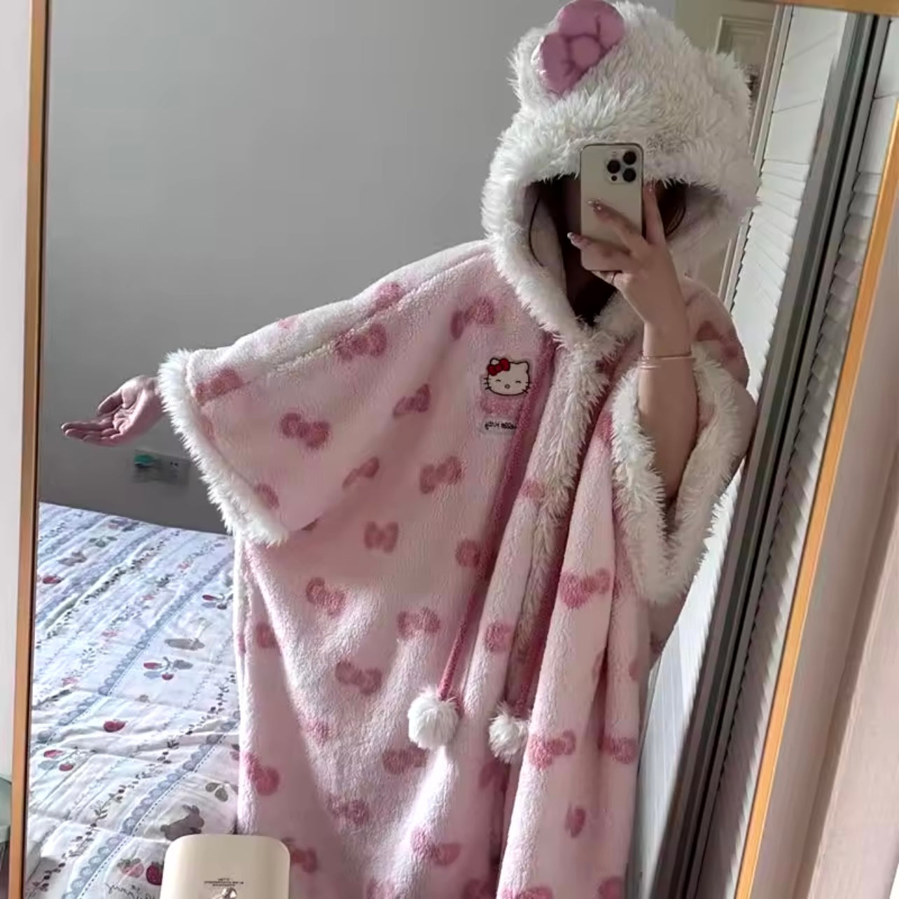 Kitty Kawaii Pink Hooded Robe Blanket