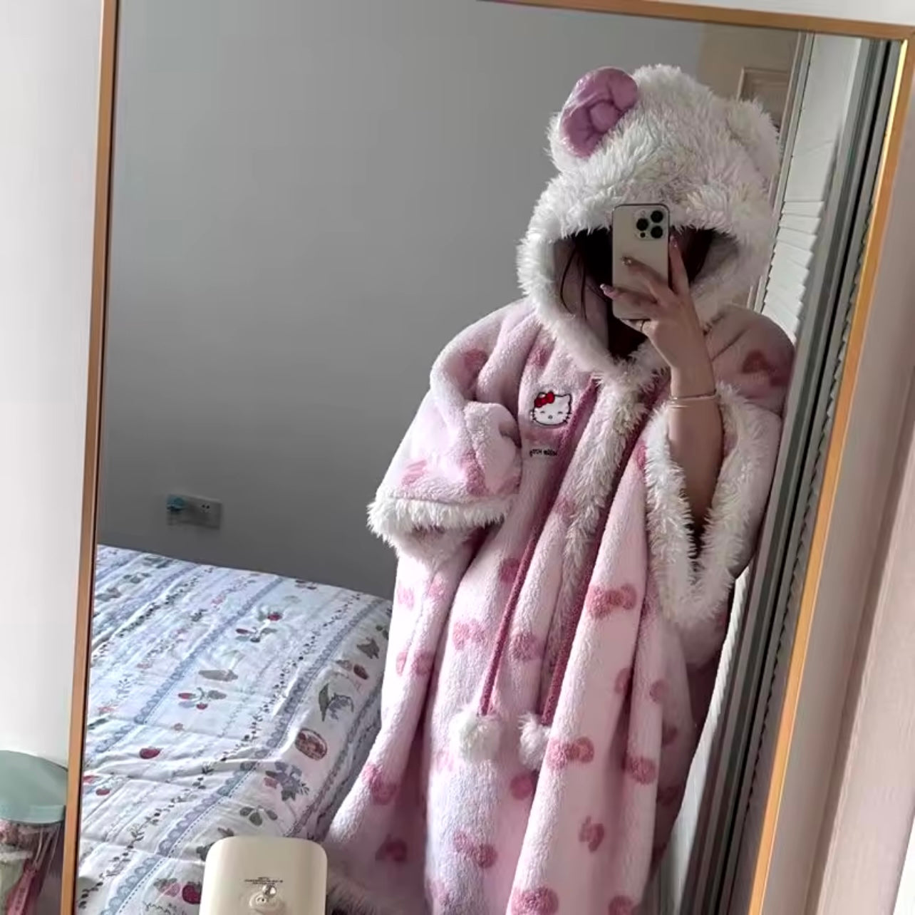 Kitty Kawaii Pink Hooded Robe Blanket