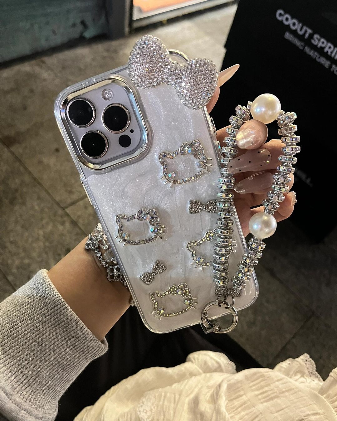 Kitty Kawaii White Diamante Rhinestone Charms iPhone Case