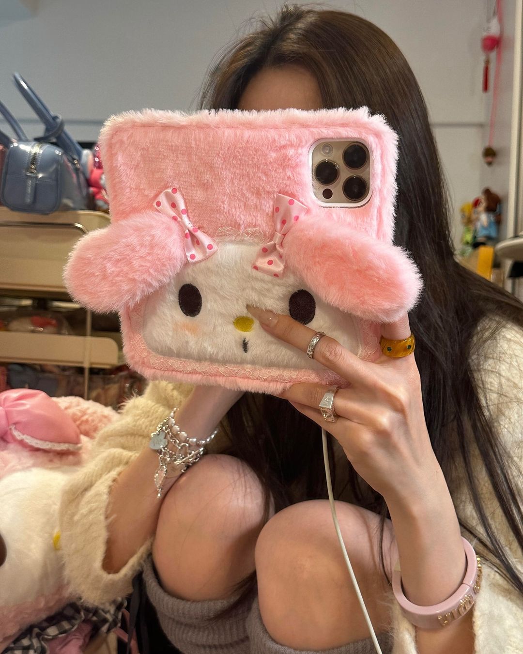 Melody Kawaii Folding Fluffy Furry Handles iPhone Case