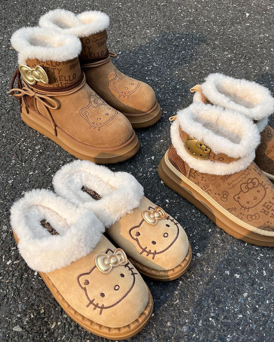 Kitty Kawaii Brown Winter Fur Snow Boots Loafer Slipper Shoes (3 Styles)