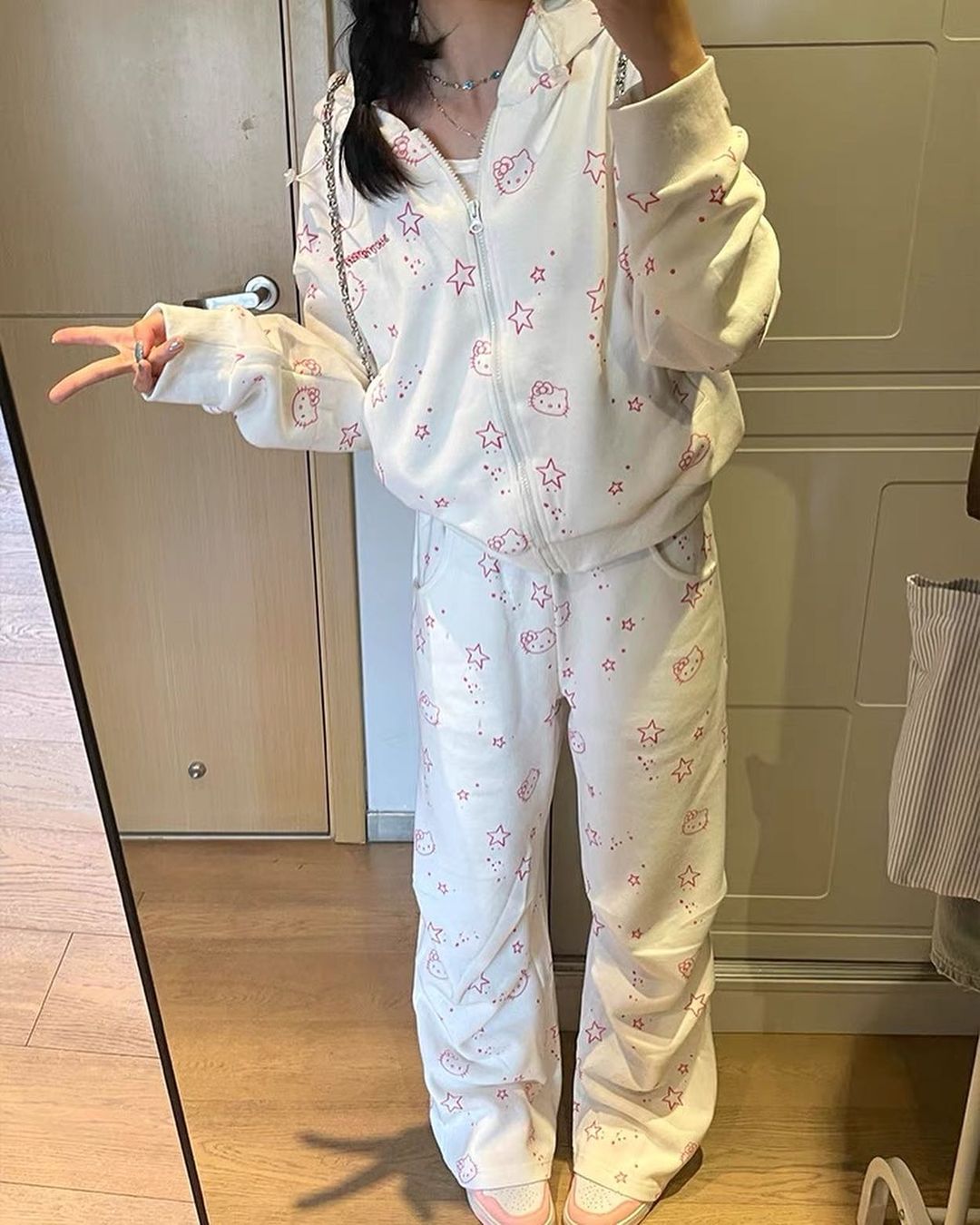 Kitty Kawaii Y2K White Pink Star Face Print Tracksuit Set