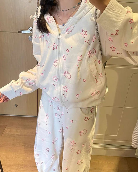 Kitty Kawaii Y2K White Pink Star Face Print Tracksuit Set