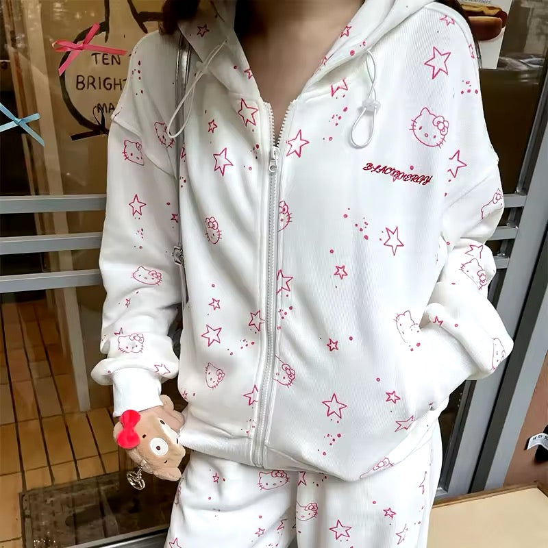 Kitty Kawaii Y2K White Pink Star Face Print Tracksuit Set